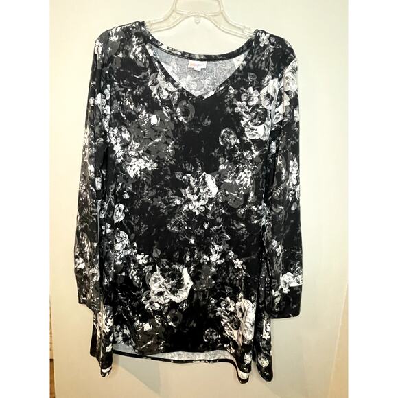 Lularoe Womens L Long Sleeve Tunic‎ Black White Floral EUC - Picture 1 of 7